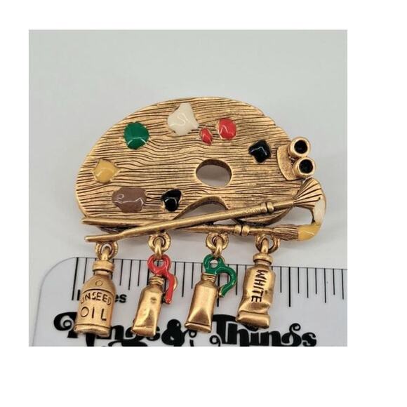 Danecraft Gold Tone Painters Palette Dangle Brooch, Paint Tubes Charms, Signed - Picture 9 of 11
